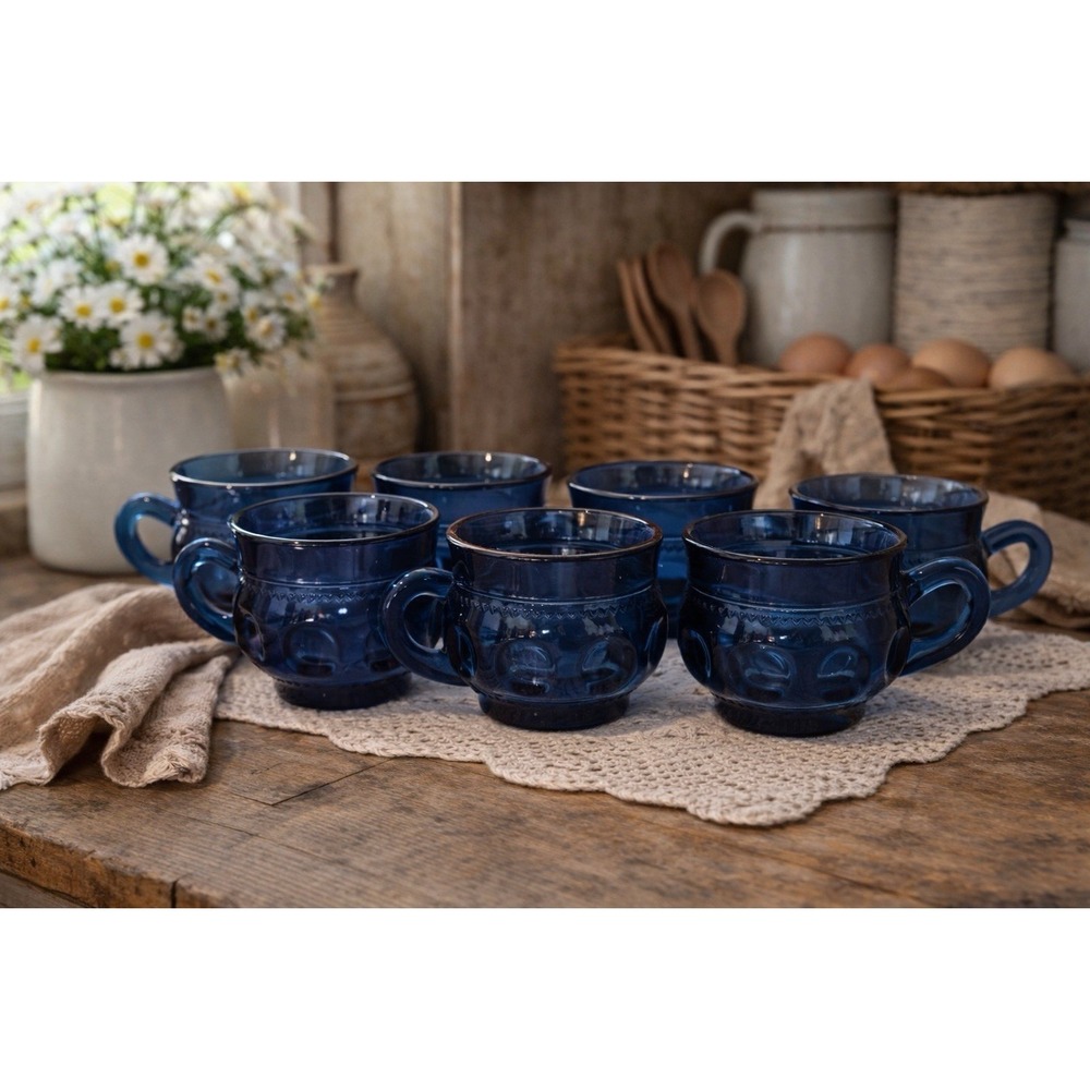 Vintage 80's Tiara Glass Kings Crown Imperial Blue Thumbprint Cups Set of 7